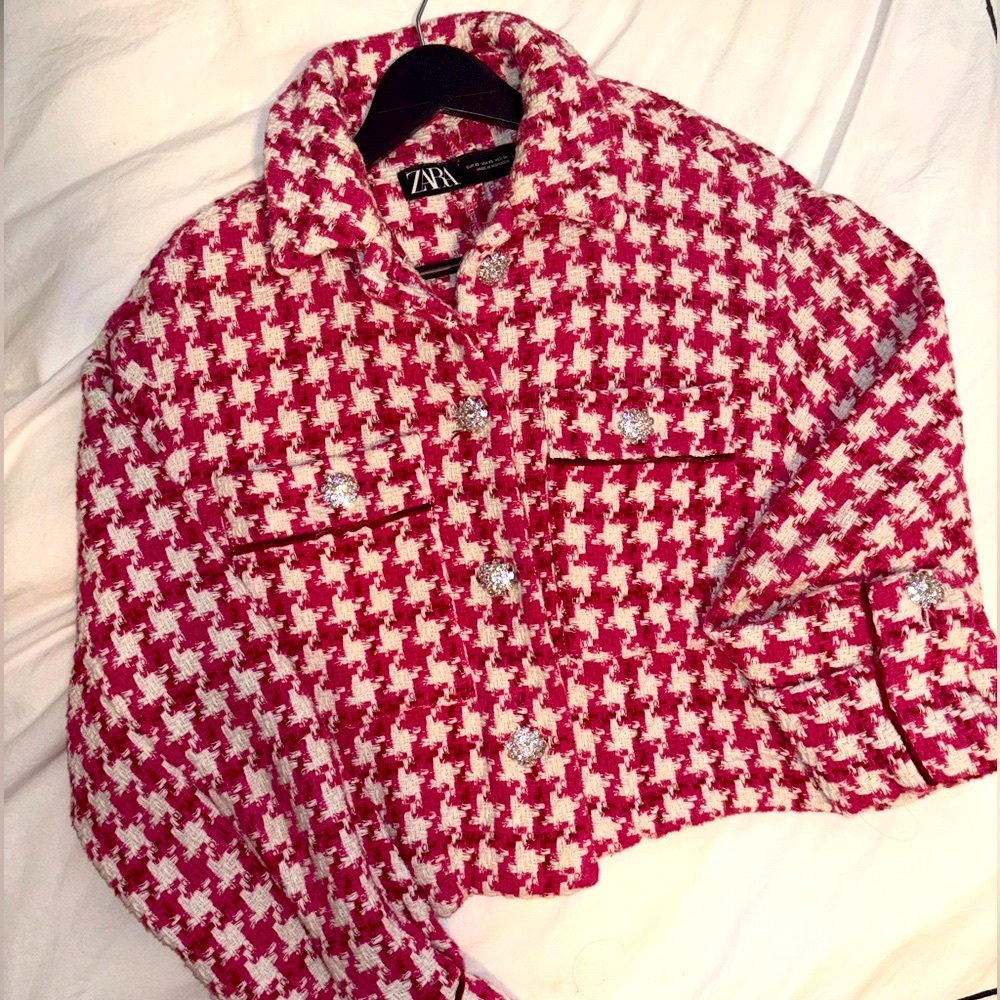ZARA HOUNDSTOOTH TWEED BOUCLE JACKET
